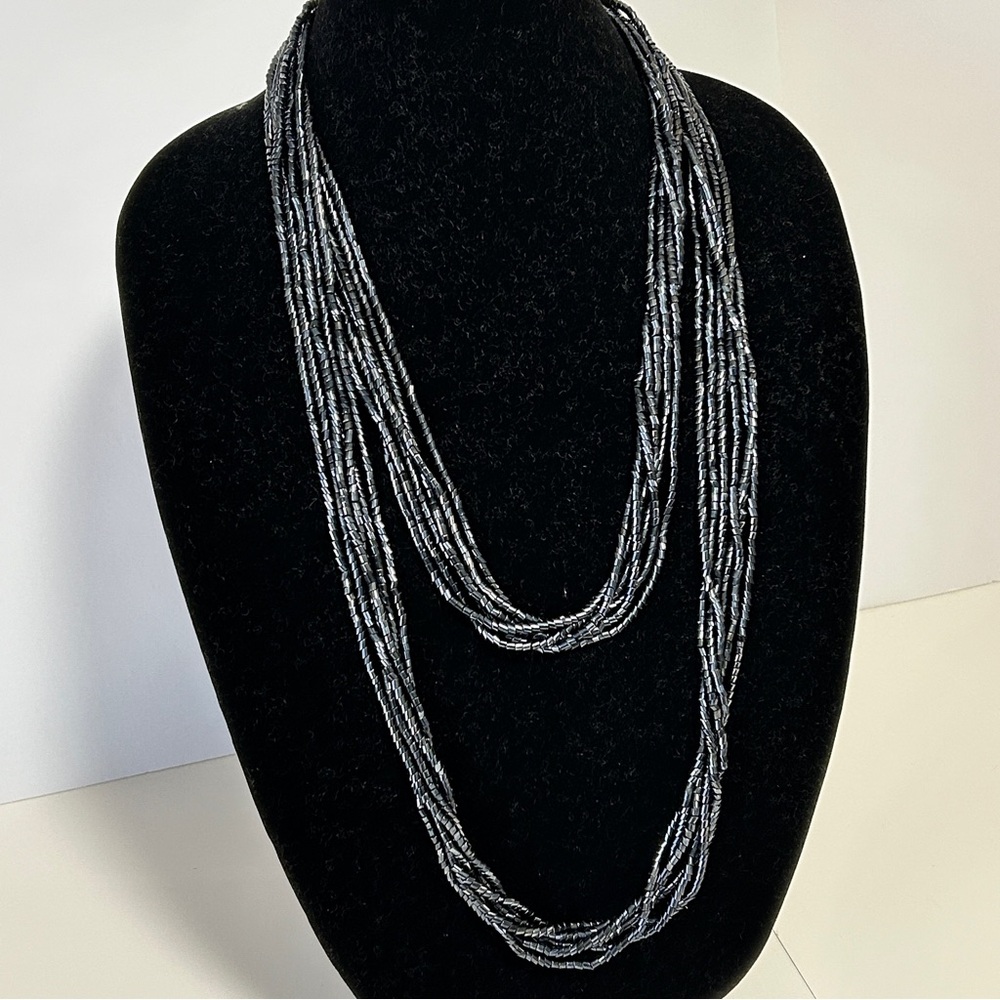 Elegant Iridescent Black/Grey Multi Strand Seed Bead Necklace 60”